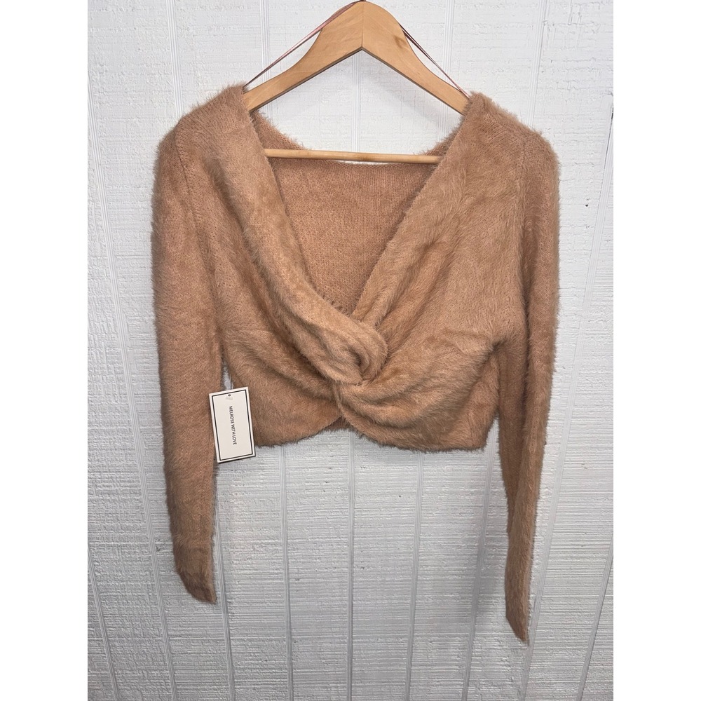 Melrose With Love Sweater Women Tan Twist Front Eyelash Knit Crop Small NWT